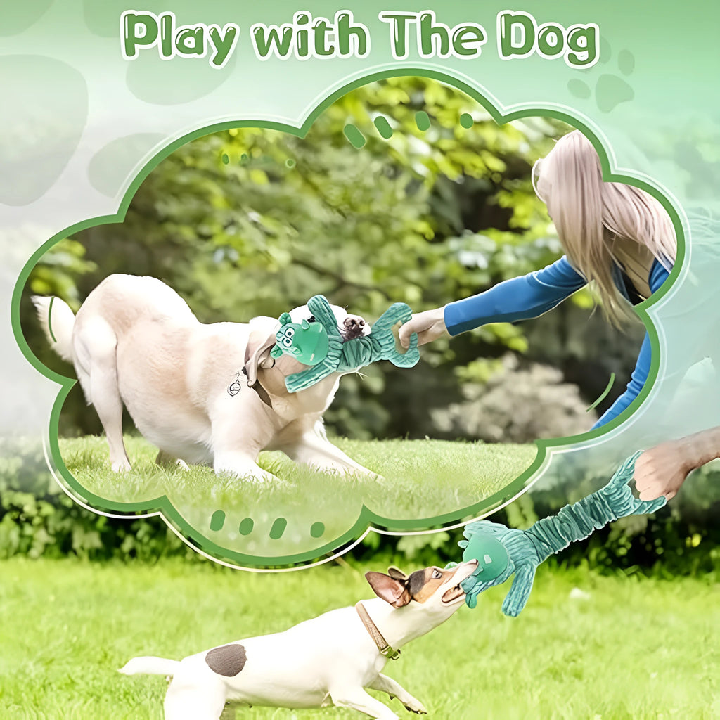 Large squeaky plush dog toy with handle and crinkle paper for interactive play