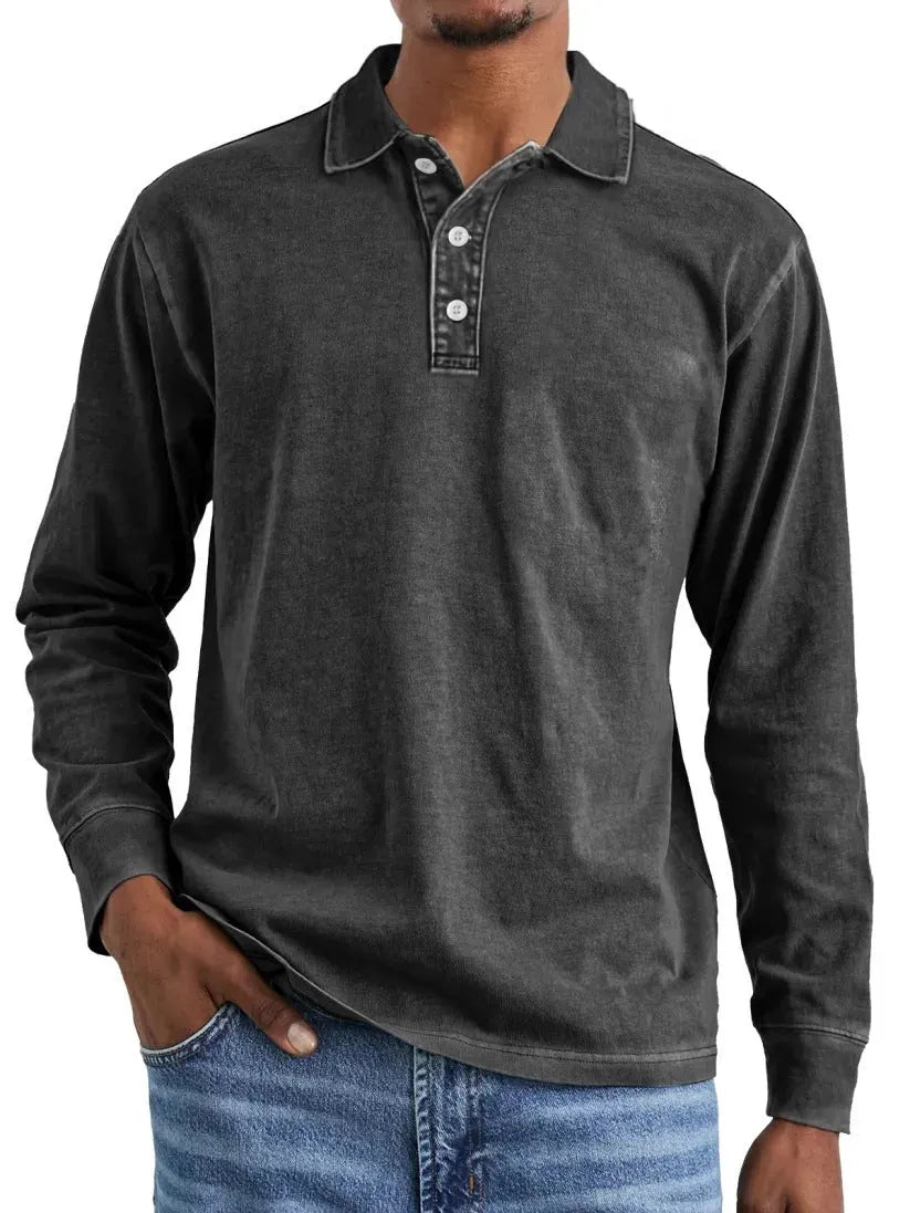 Men's long-sleeve distressed cotton polo shirt with a lapel collar in army green.