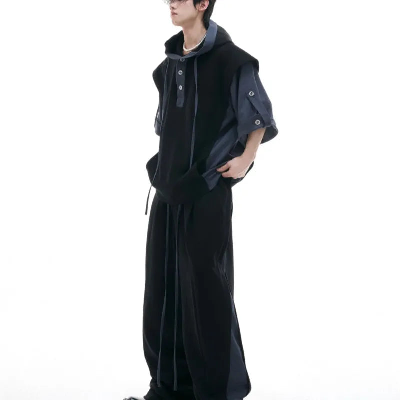 Men's black polyester hooded short sleeve jacket and trousers with three-dimensional stitching