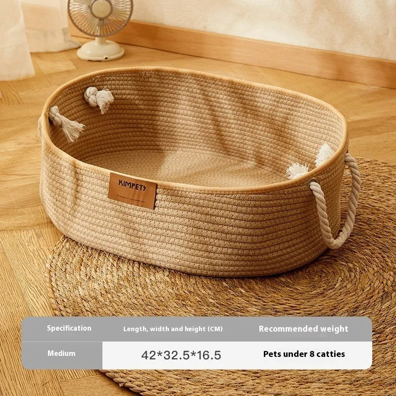 Woven cotton and linen cat nest in medium size with scratch resistant surface, suitable for all seasons