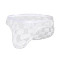 Men's black mesh briefs with plaid pattern showing U-convex construction and lace fabric detail