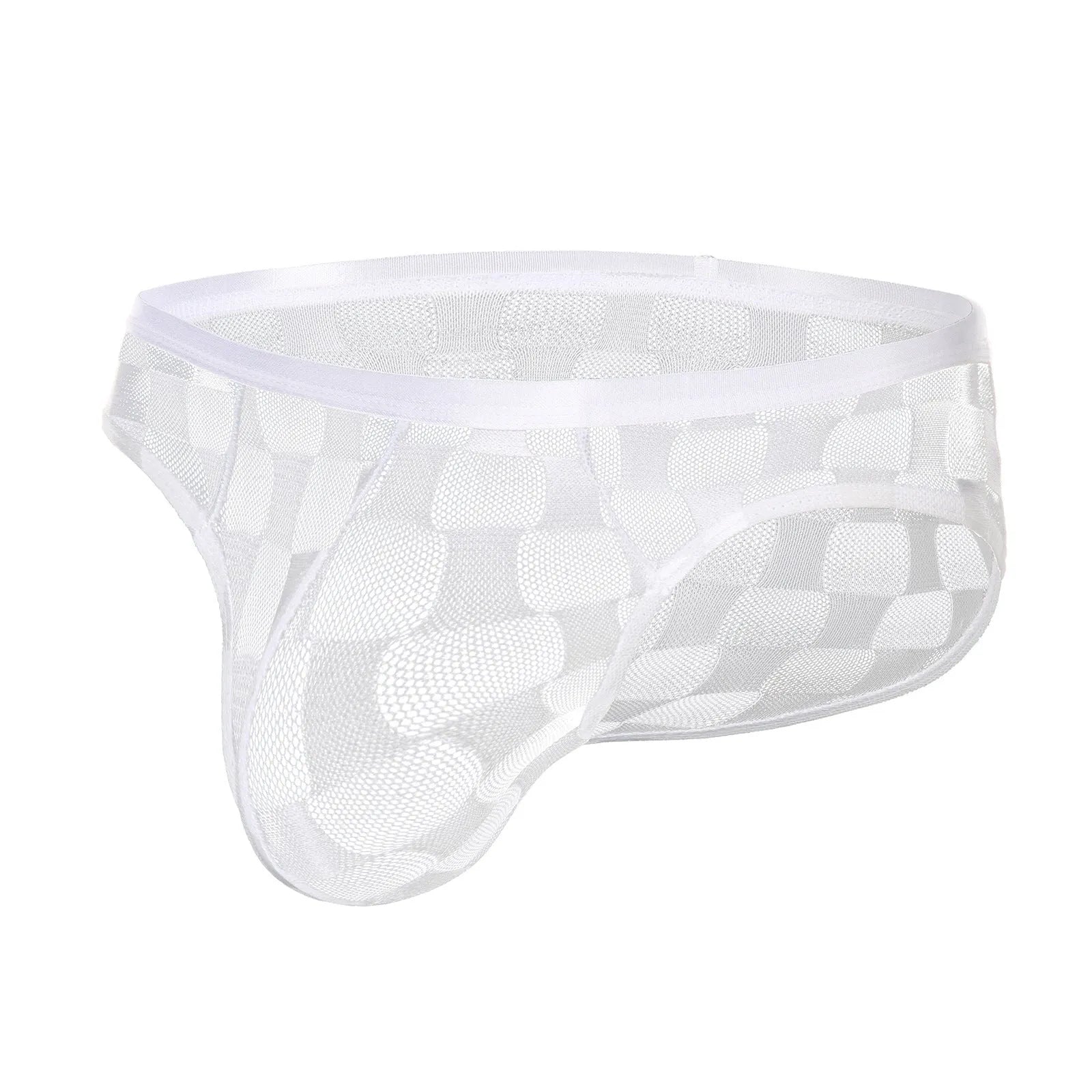 Men's black mesh briefs with plaid pattern showing U-convex construction and lace fabric detail