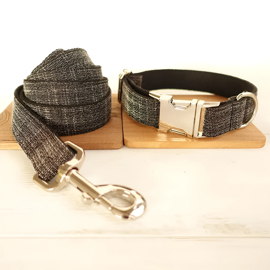 Black polyester padded dog collar with light gold trim and matching lead on a light surface