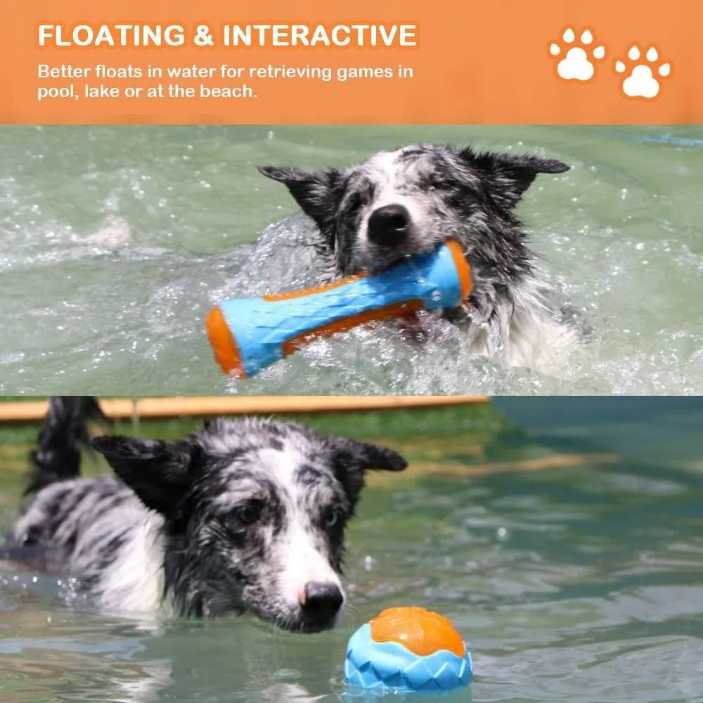 Three floating TPR dog toys: a squeaky ball, barbell, and tyres for water and land play.