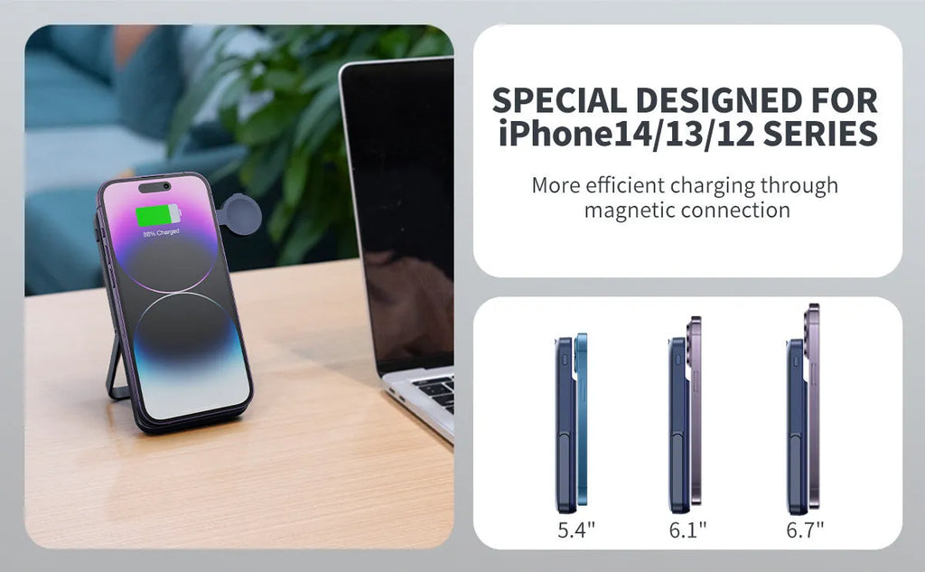 Black magnetic wireless power bank with three-in-one bracket showing 10000mAh capacity label