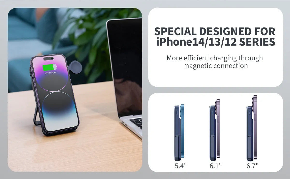 Black magnetic wireless power bank with three-in-one bracket showing 10000mAh capacity label