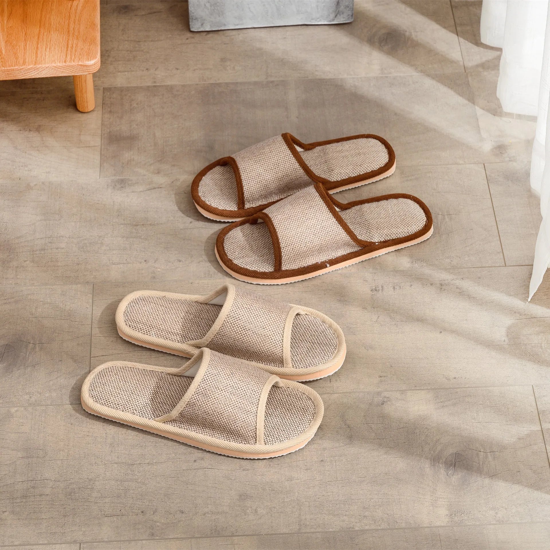 Women's open-toe cotton linen slippers in various colours with thickened soles