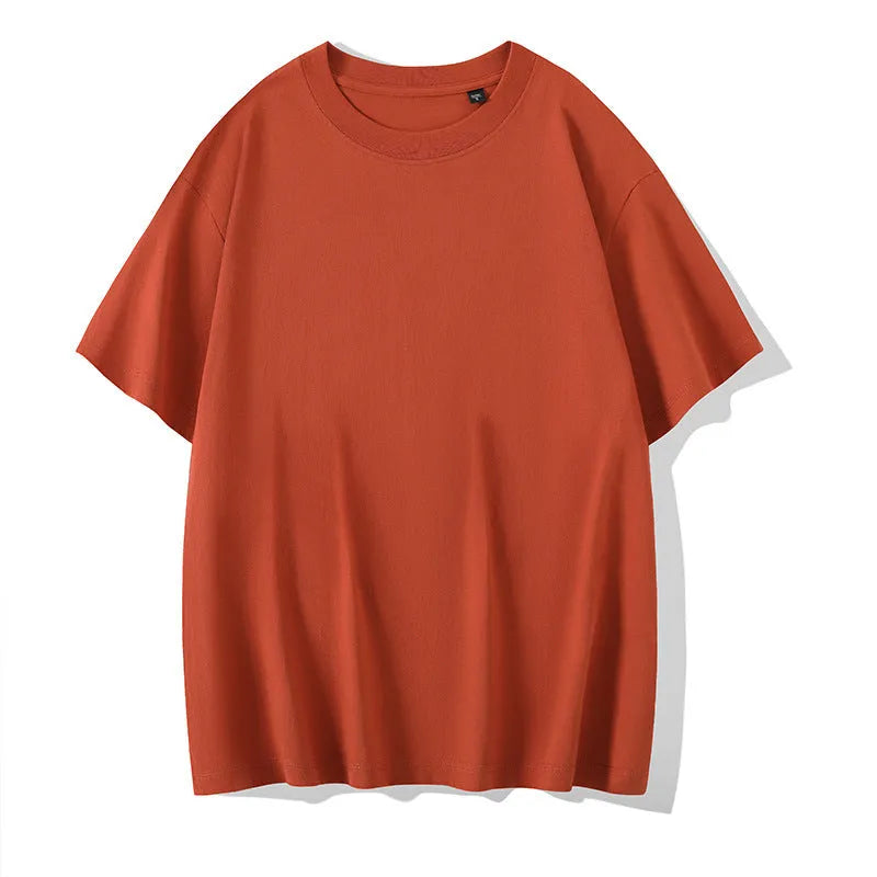 Loose fit men's cotton t-shirt with round neck and drop-shoulder sleeves in solid colour