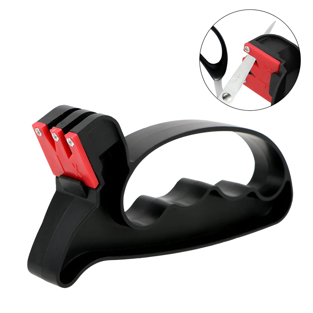 Black handheld knife and scissor sharpener tool with ergonomic handle and tungsten steel blade