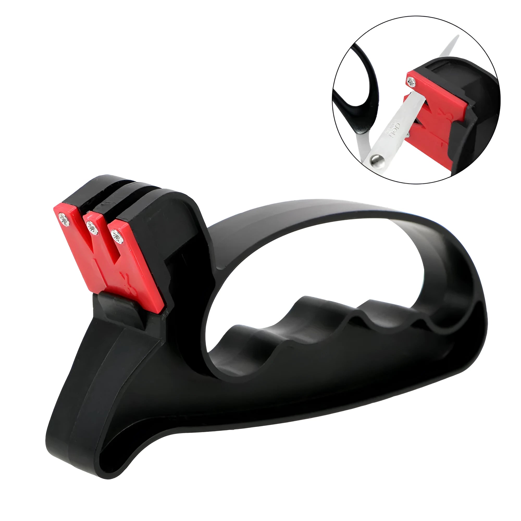 Black handheld knife and scissor sharpener tool with ergonomic handle and tungsten steel blade