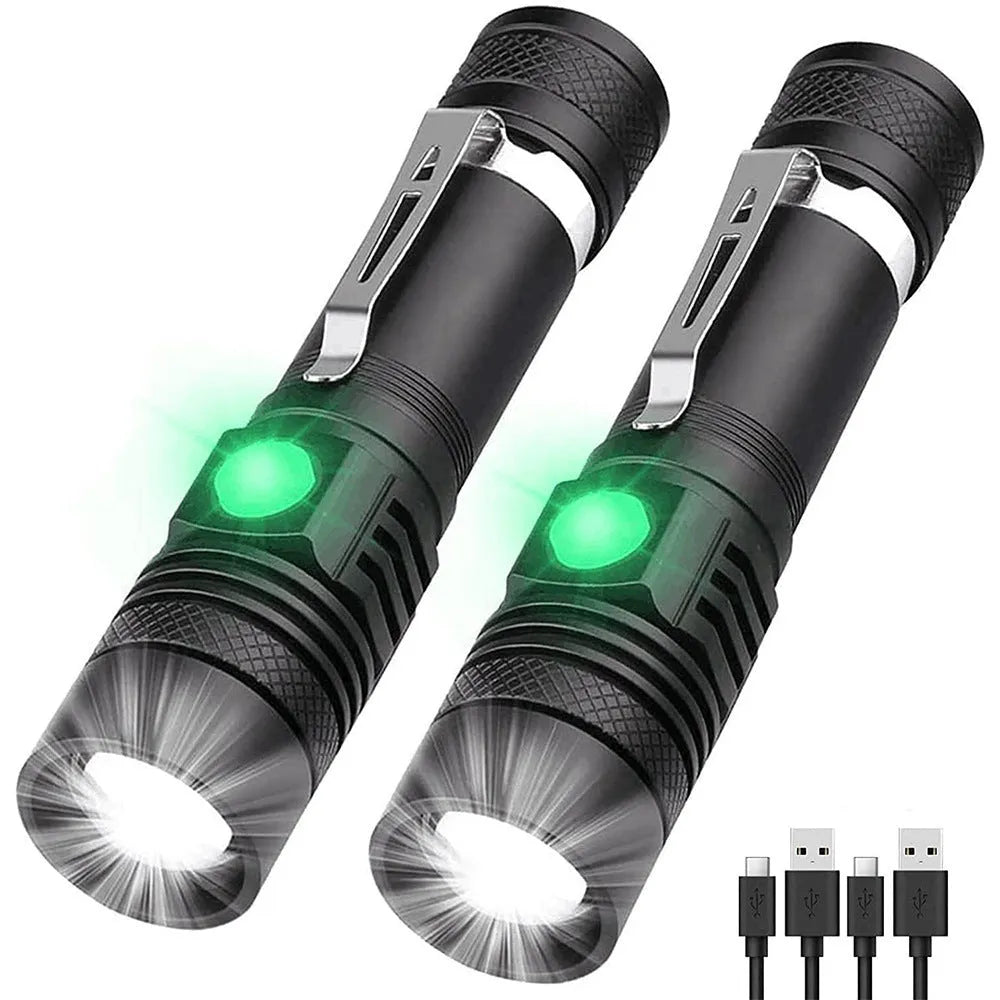 Telescopic zoom USB rechargeable T6 strong LED flashlight in black aluminium alloy body for outdoor use