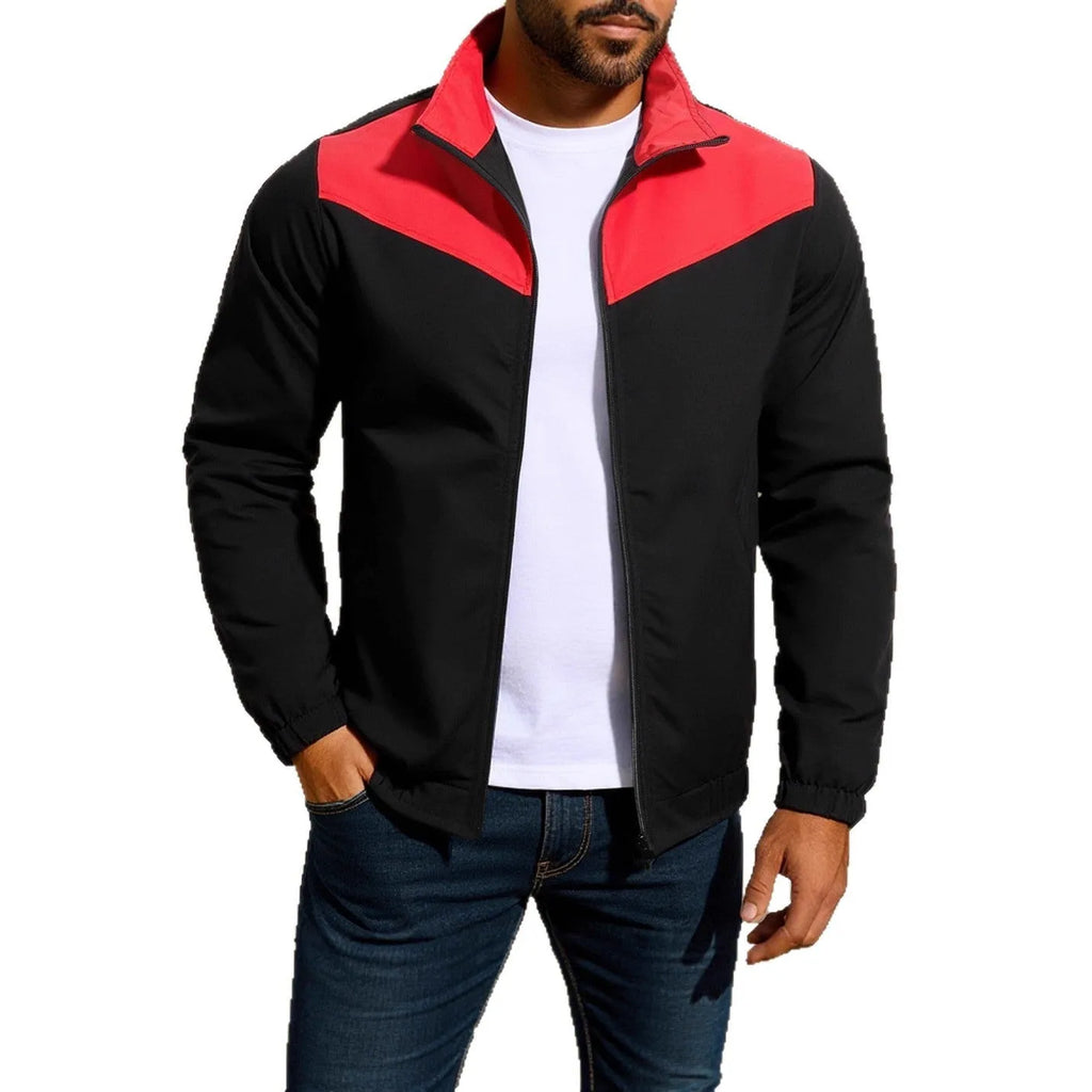 Men's windproof polyester jacket with high collar and colour matching zipper in green, khaki, or red options
