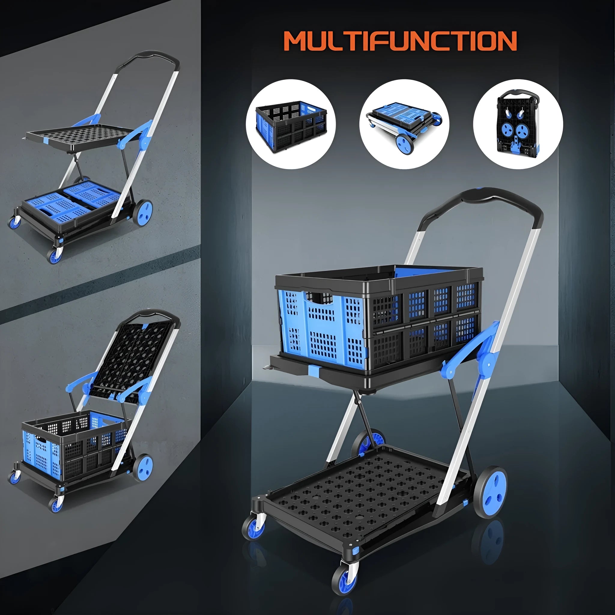 Blue foldable shopping cart with two plastic baskets, shown in an open, ready-to-use position.