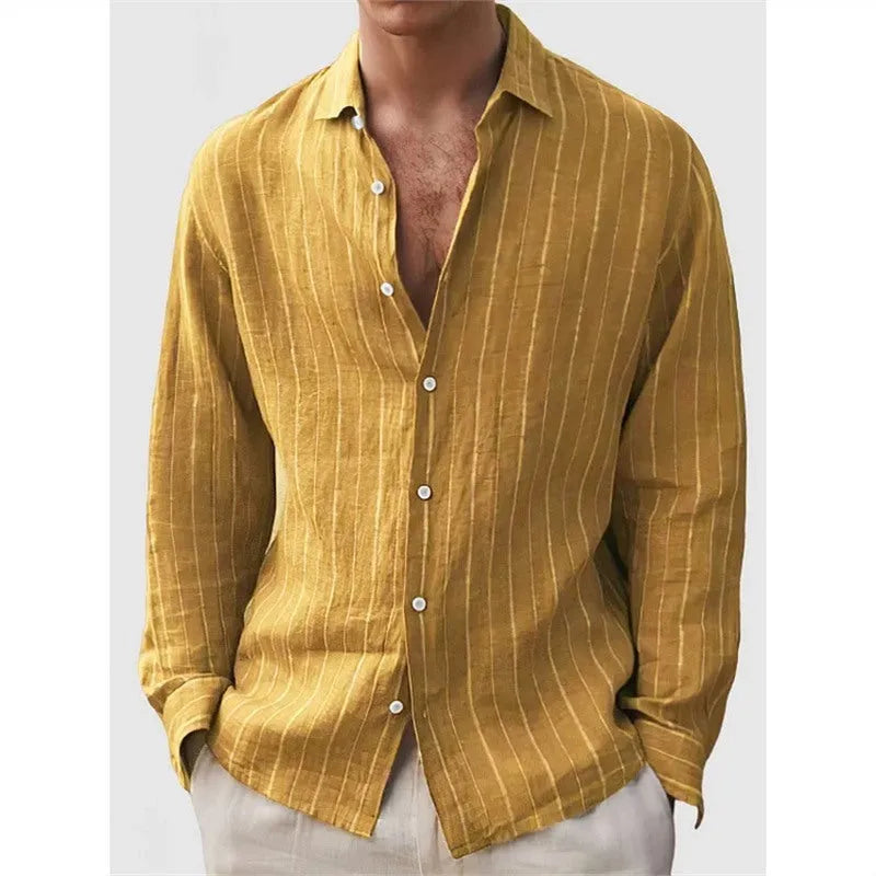 Man wearing a loose-fit striped short-sleeve cardigan-style polyester shirt for casual wear.