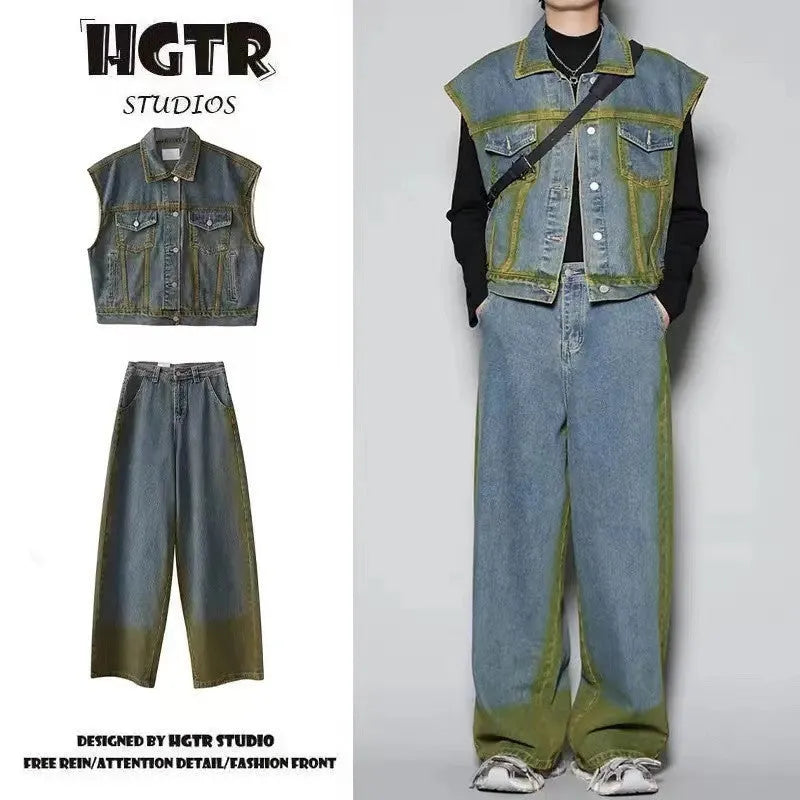 Blue distressed vest and jeans set with colour gradient spray effect and fleece lining