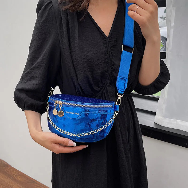 Shiny PU leather chest bag with WesternWide shoulder strap and chain detail, available in multiple colours
