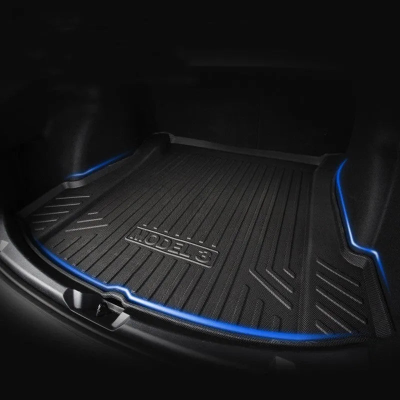 Tesla car floor mats with rubber construction and TPE footrest sections for Model 3, Y, S, X