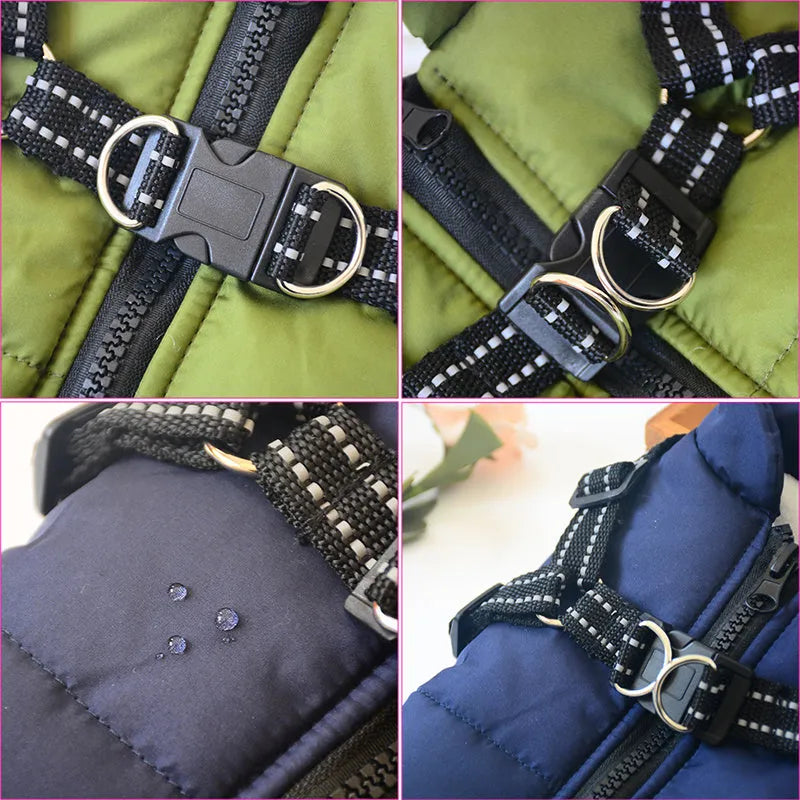 Waterproof dog coat with harness in red, navy blue, and army green on a winter background