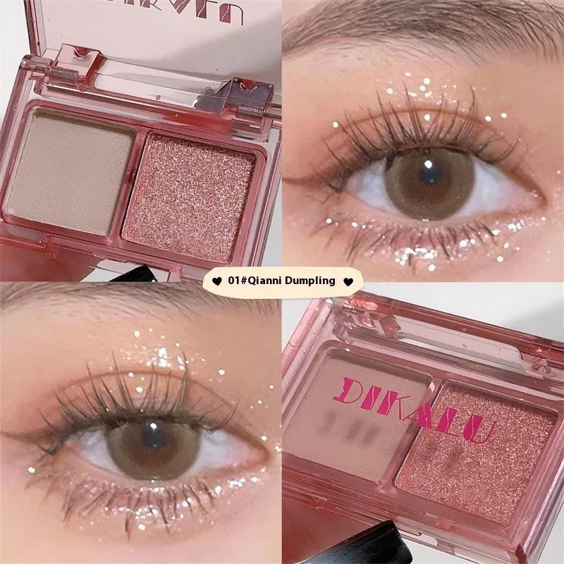 DIKALU two-tone eyeshadow compact showing pink and black shades with matte and shimmer finishes.