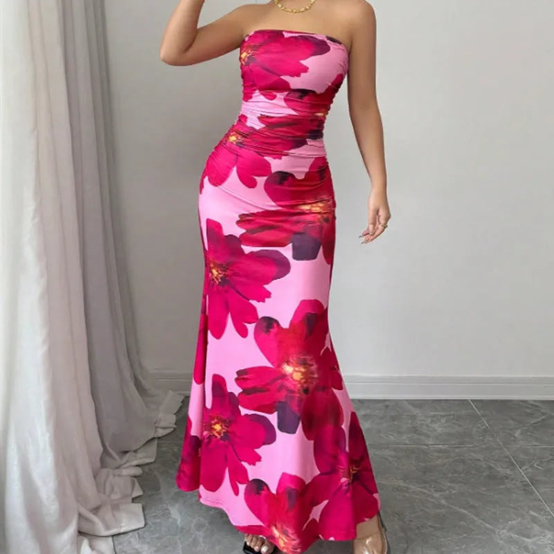 Pink flower printed slim fit long dress with high waist and sleeveless design