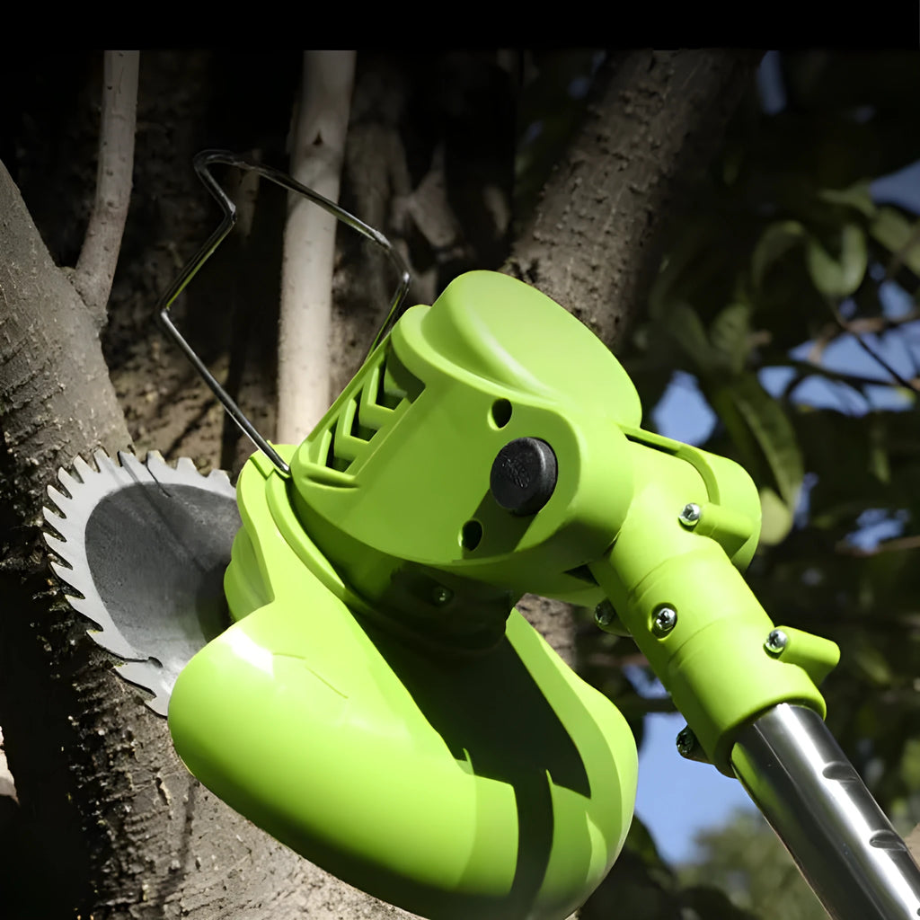 Cordless electric lawn mower with stainless steel telescopic tube and alloy cutter head on grass