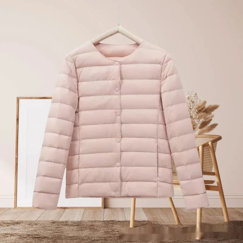 Short autumn winter lightweight cotton-padded jacket for women in beige loose fit long sleeve polyester