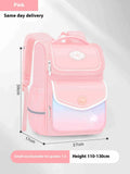 Pink waterproof Oxford cloth school backpack for primary school girls with large capacity.