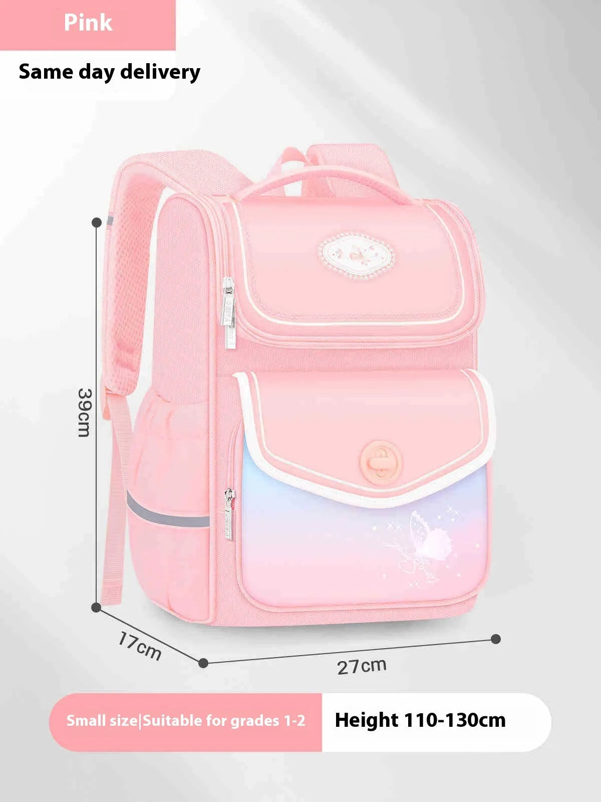 Pink waterproof Oxford cloth school backpack for primary school girls with large capacity.