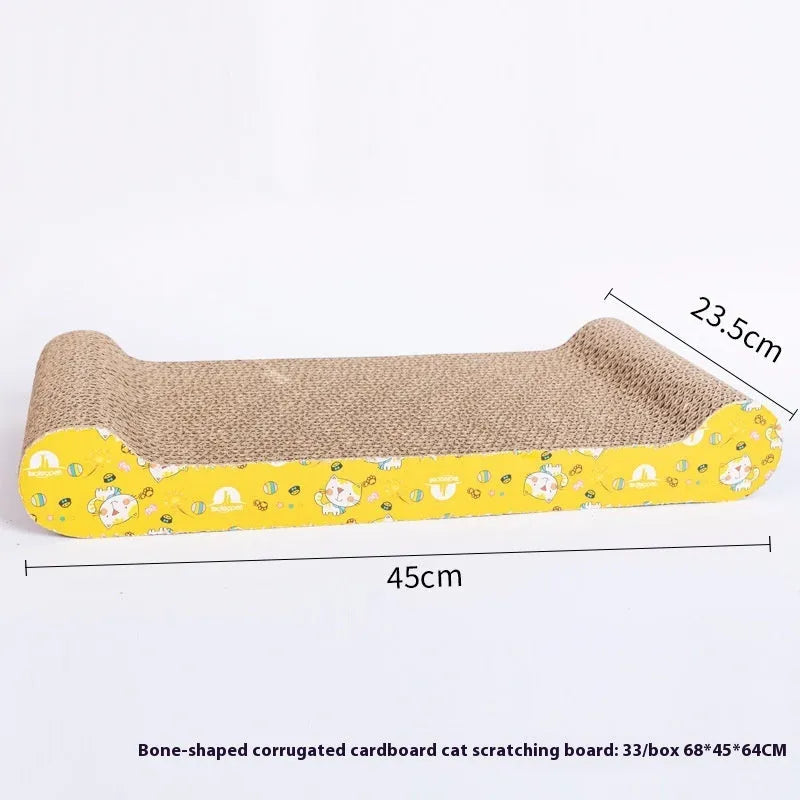Leather-trimmed cat scratch board with corrugated paper surface in a bone shape style.