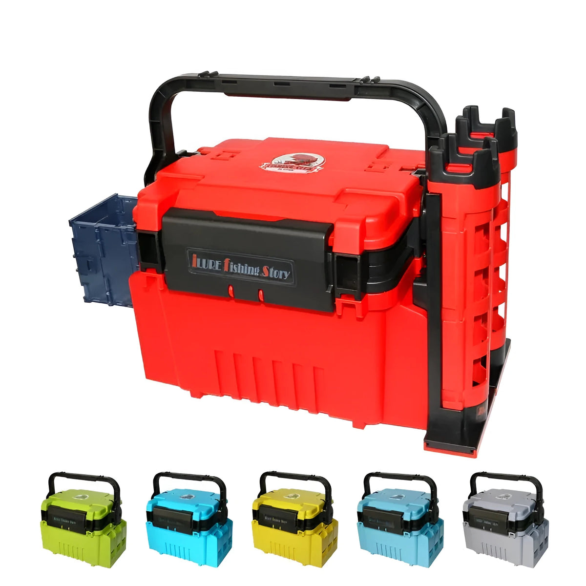 Portable double-layer ABS fishing box in blue with compartments, pole holder, and cup holder