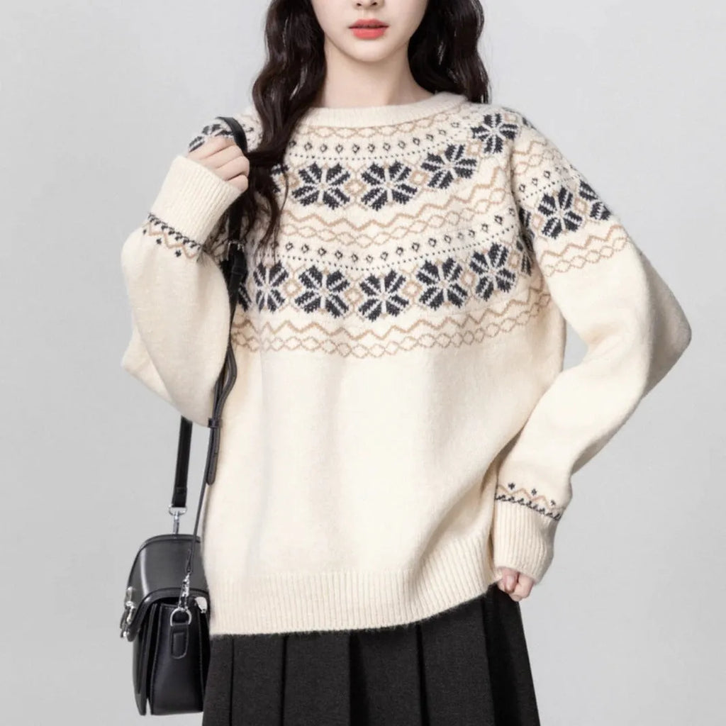 Women's milky white vintage Fair Isle geometric pattern pullover sweater with a loose fit.