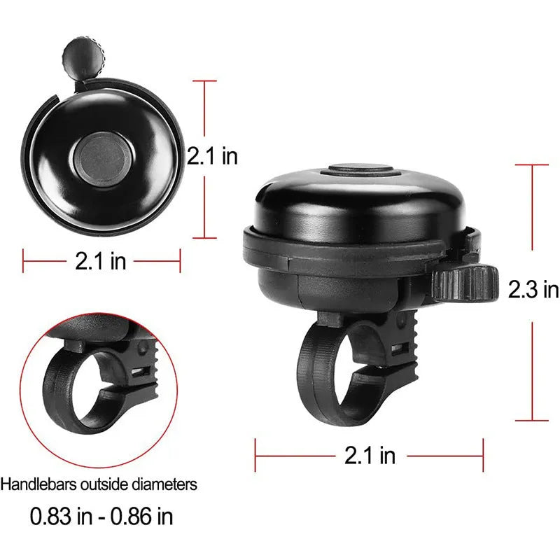 Black ABS plastic bicycle bell with 58mm diameter for mountain bike and road cycling handlebars
