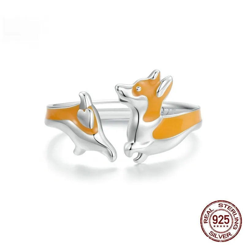 Silver corgi pet ring with cartoon design and adjustable band in SCR1014-E colour.