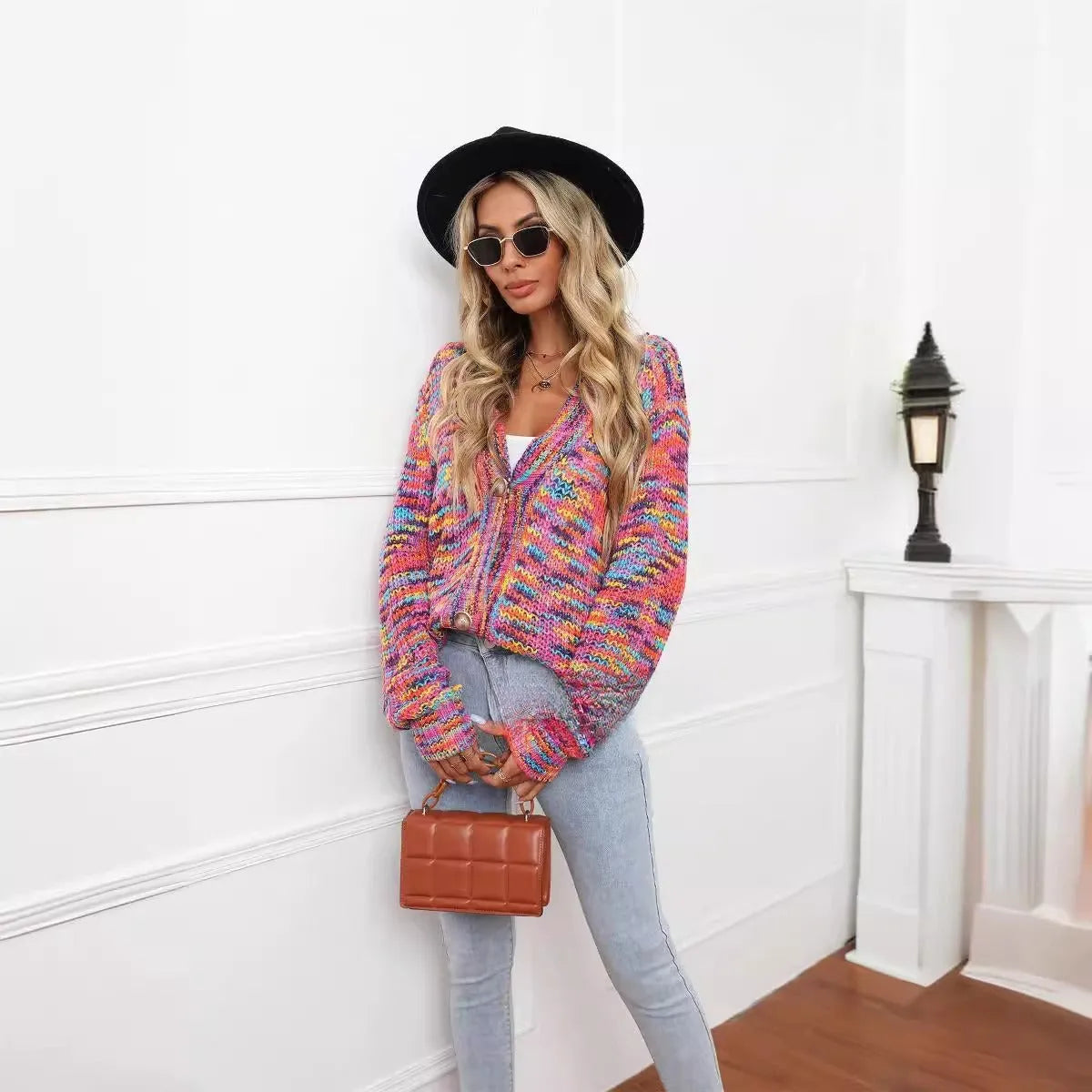 Rose red rainbow striped loose fit cardigan coat with regular sleeves on hanger