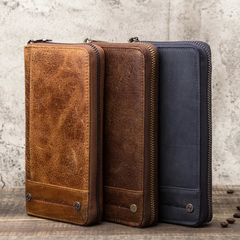 Brown genuine cowhide leather men's long wallet with zipper closure showing anti-theft card compartments