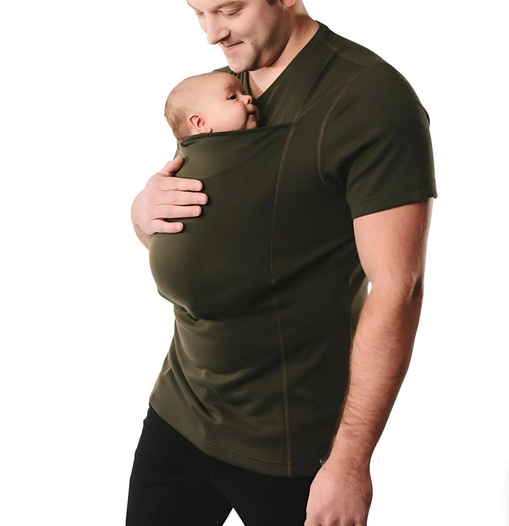Loose fit green cotton casual top with round neck and short sleeves on a hanger.