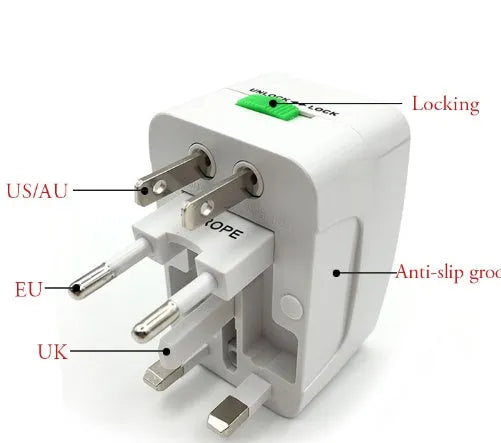 Universal travel plug adapter for international use measuring 73x50x39mm with multi-country compatibility