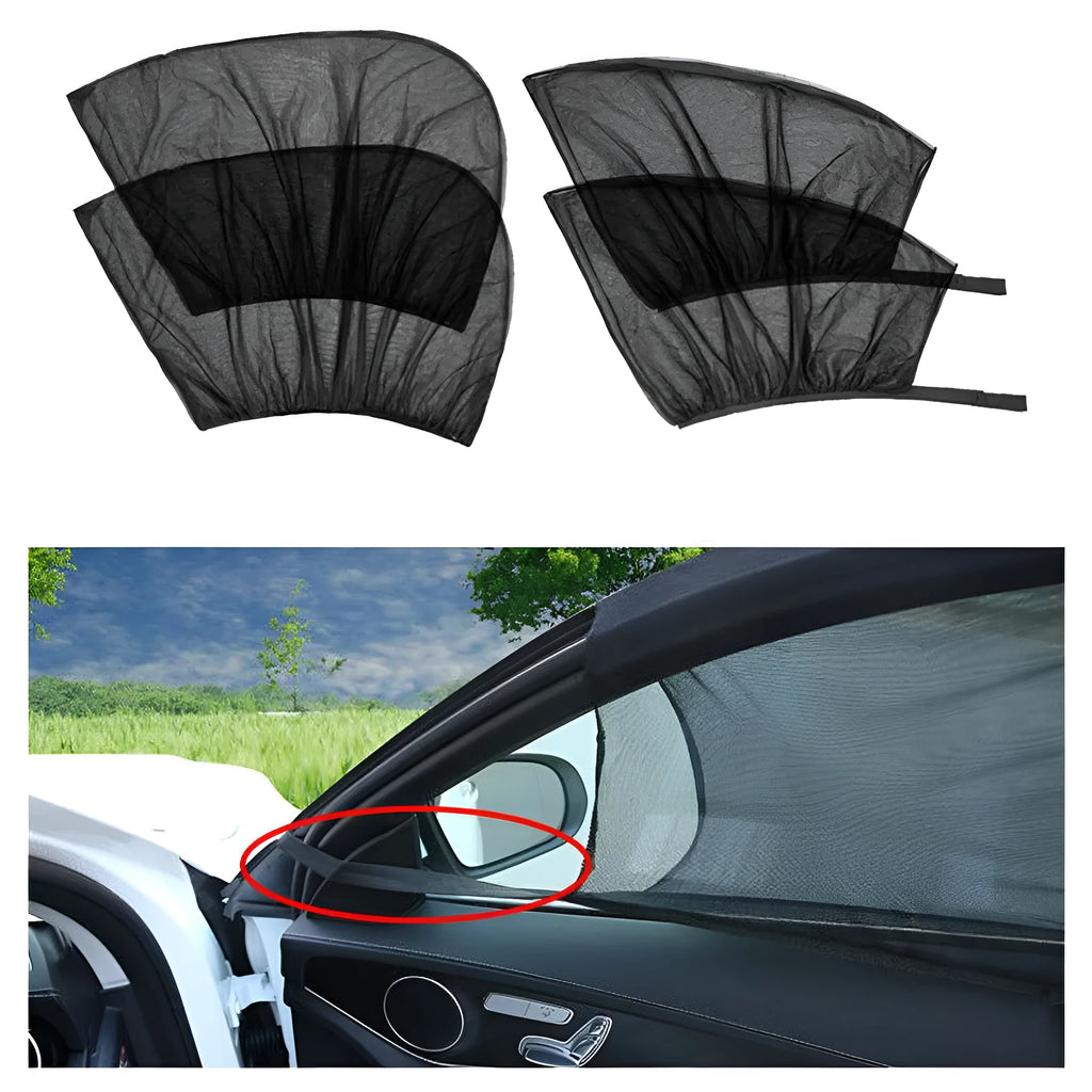 Car side window sunshades with stretch mesh covering front and rear windows
