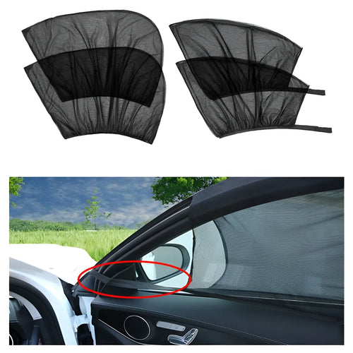 Car side window sunshades with stretch mesh covering front and rear windows