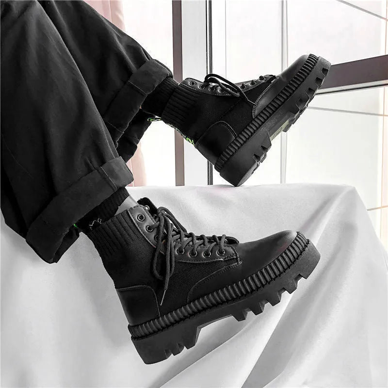 Men's black high-top platform boots with a side zipper, made from frosted cowhide leather.
