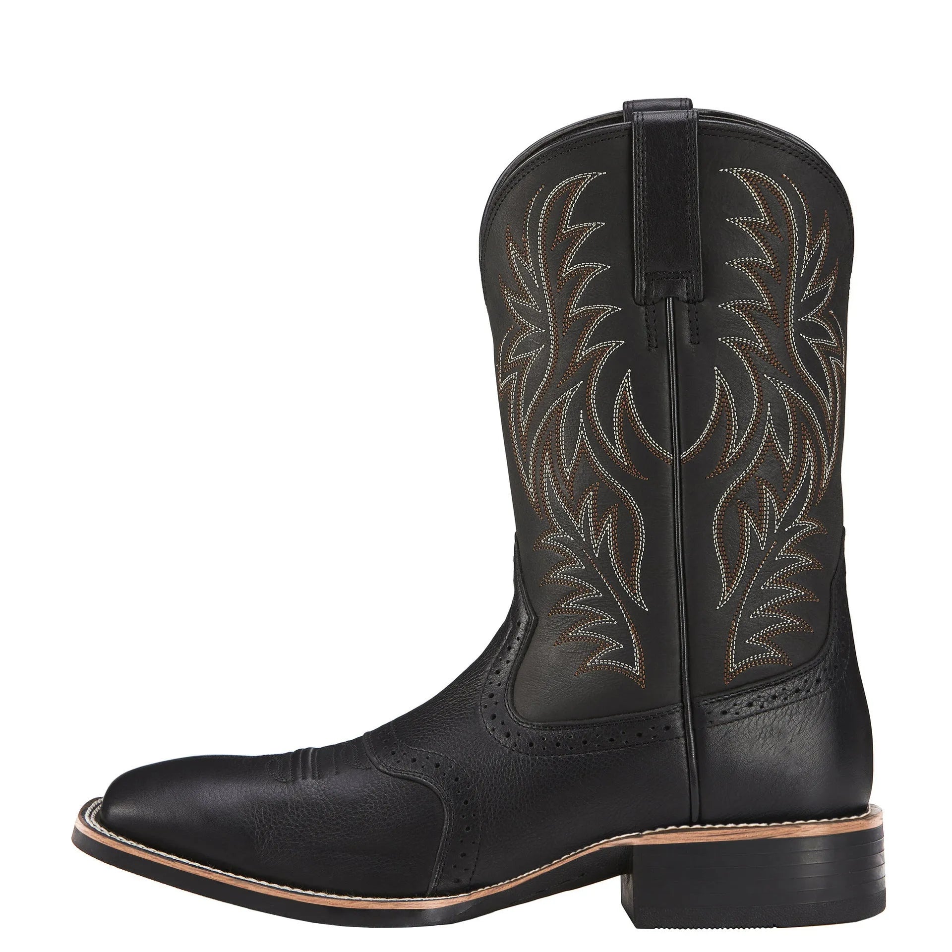 Men's black Western cowboy boots with embroidered detailing and square toe design