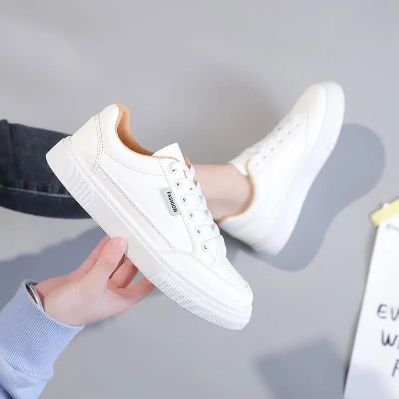 Korean style white and brown low-top women's sneakers with PU upper and plastic sole on size chart.