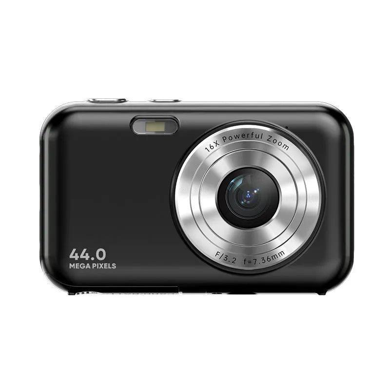 Children's digital camera in colours black, green, pink, purple with 2.4-inch screen, 44MP and 16X zoom.