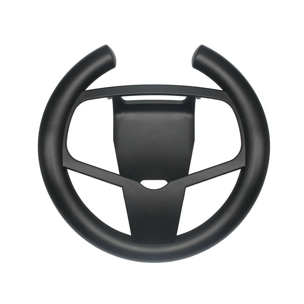 Black ABS PS5 steering wheel attachment clipped onto a SONY PS5 controller for racing games