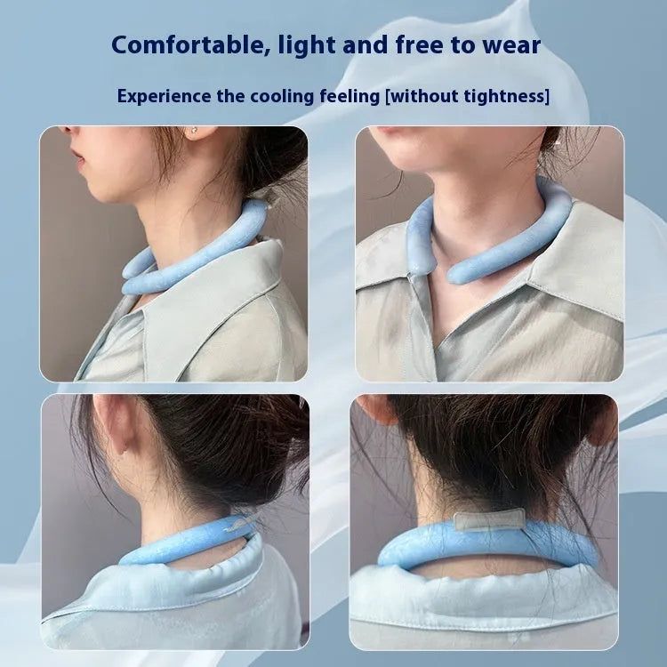 PVC cooling neck ice ring for outdoor sports in blue, showing neck-worn design for heatstroke prevention.