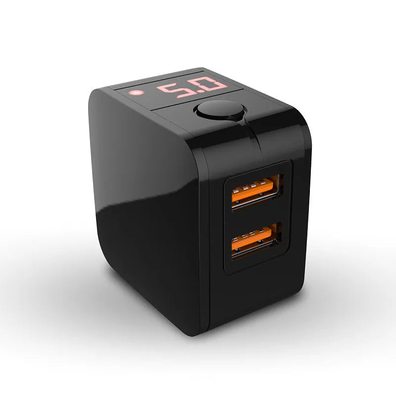 5V2.4A dual USB travel wall charger with digital display in black, white, or red colours