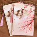 Watercolour retro Chinese style line-bound notebook with exposed ancient thread binding in Azalea colour