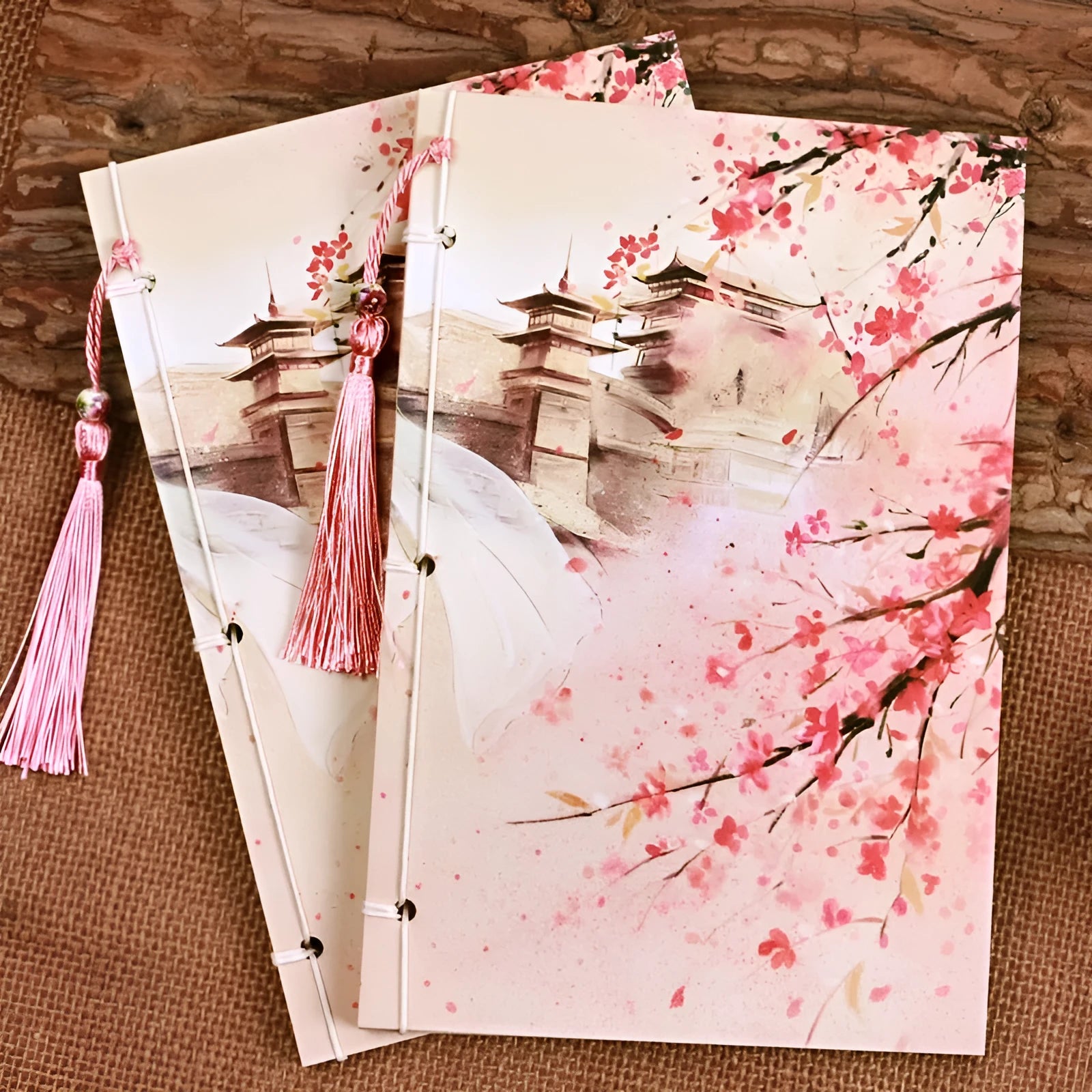 Watercolour retro Chinese style line-bound notebook with exposed ancient thread binding in Azalea colour