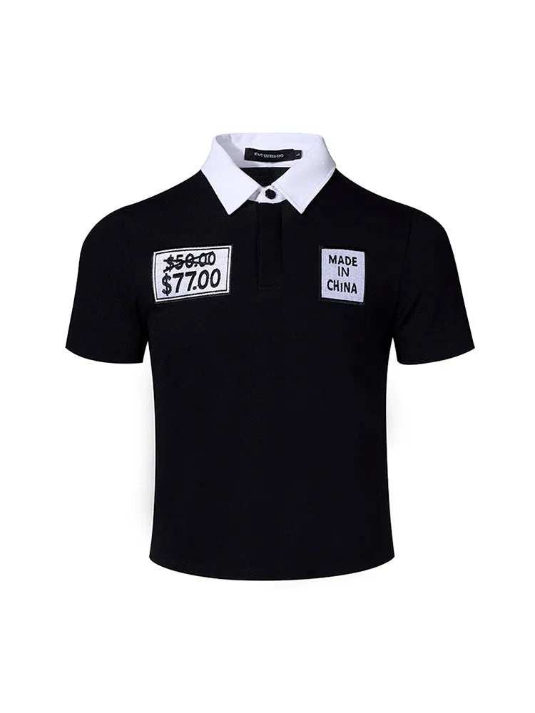 Black slim fit men's polo collar short sleeve T-shirt with embroidery detail on front.