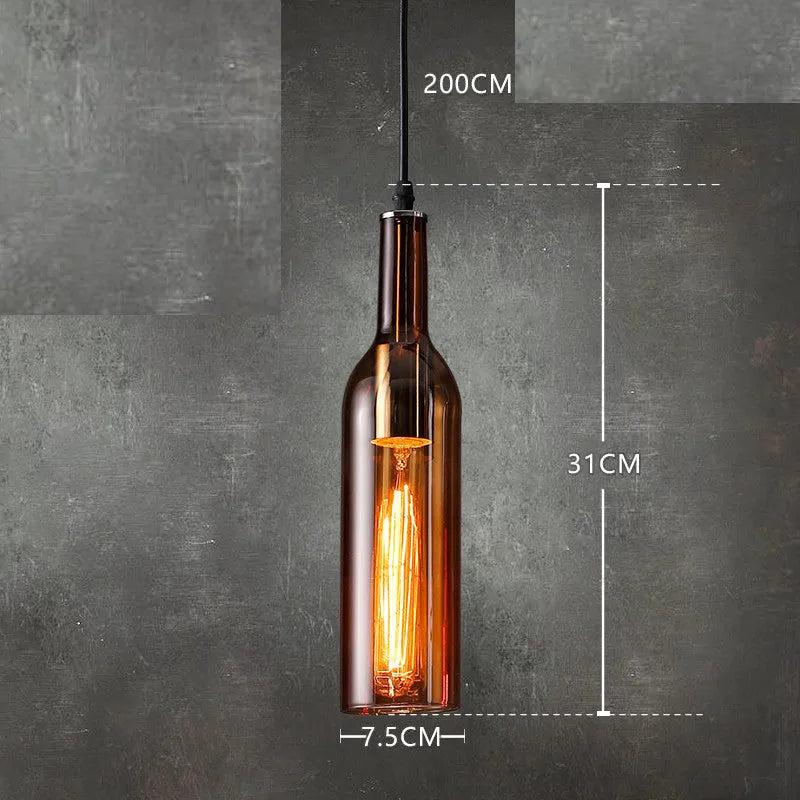 Nordic style wine bottle glass chandelier with five coloured shades in amber, metal ceiling plate, and 200cm drop line